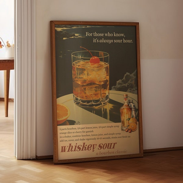 Whiskey Sour Cocktail Recipe, Trendy Wall Art, Illustration Art, Bar Cart Styling, Vintage Aesthetic, Retro Art, Alcohol Art, Bar Menu