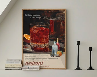 Negroni Cocktail Rezept, Trendige Wandkunst, Illustrationskunst, Barwagen Styling, Vintage Ästhetik, Retro Kunst, Alkohol Kunst, Cocktailkunst, 1960er Jahre