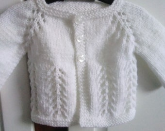 Hand knitted white newborn baby cardigan