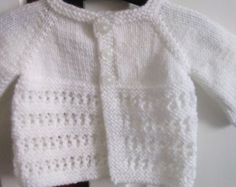 Hand knitted white newborn baby cardigan