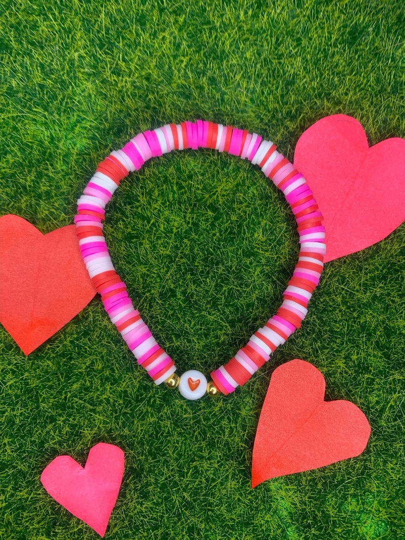 Heart Valentines Day Bracelet Valentines Gift Bracelet, Clay Bead