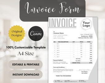 Editable Invoice Template, Small Business Form (Canva, Instant Download)