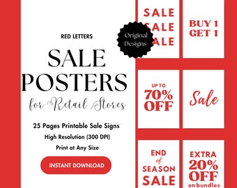 Letrero de venta, letrero minorista, imprimible, descarga de letreros para tiendas minoristas, boutiques, liquidación de tiendas, descarga instantánea, letrero comercial, venta roja