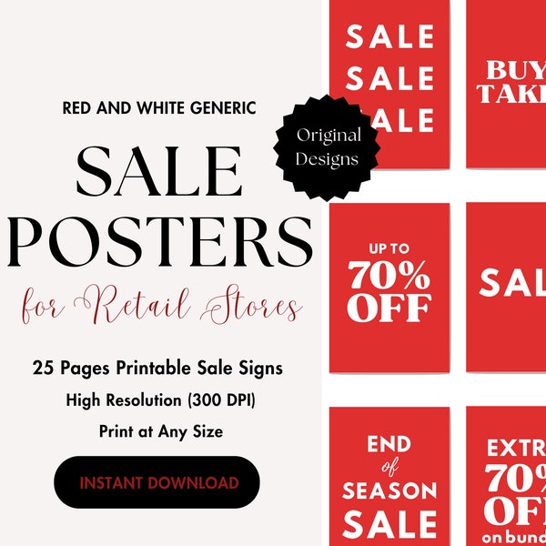 Sale Sign Poster, Printable, Sign Download for Retail Shops / Boutiques / Stores, Store Promotion, Print Instant Download, Red Poster