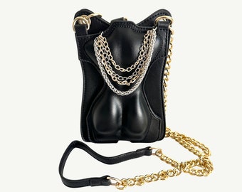 Feminine Black Faux Leather Crossbody Bag | Gold Chain Purse | Women's Physique Purse | Unique Handbags | Booty Purse | Gift Ideas