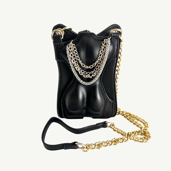 Feminine Black Faux Leather Crossbody Bag | Gold Chain Purse | Women's Physique Purse | Unique Handbags | Booty Purse | Gift Ideas