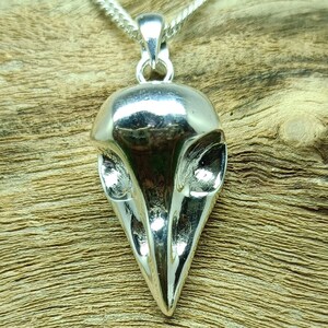 Puede incluir: Un colgante de calavera de p&aacute;jaro de plata en una cadena de plata. El colgante es detallado y realista, con un pico afilado y cuencas de ojos prominentes.