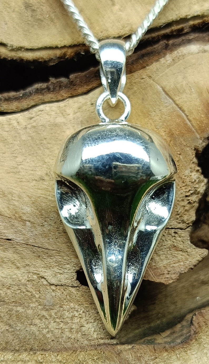 Puede incluir: Un colgante de plata con forma de cabeza de p&aacute;jaro. El colgante est&aacute; muy pulido y refleja la luz. Est&aacute; colgado de una cadena de plata.