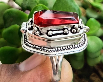 Red Glass Coffin Poison Ring, Silver Plated Locket Ring
