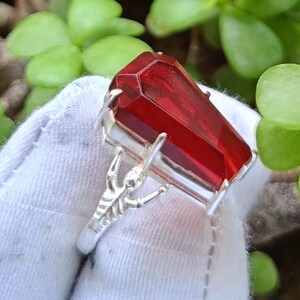 Red Glass Coffin Ring: Handmade Silver Plated Skeleton Ring