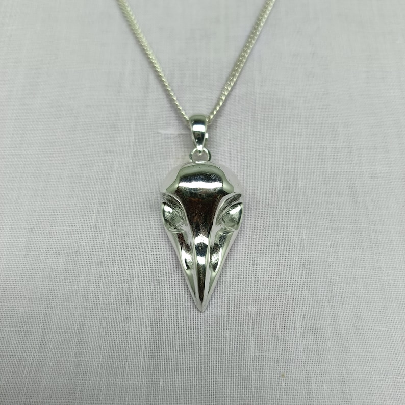 Puede incluir: Un collar con un colgante de plata con un dise&ntilde;o detallado de cr&aacute;neo de p&aacute;jaro. El colgante tiene la forma de una cabeza de p&aacute;jaro con un pico puntiagudo y detalles intrincados de los ojos.