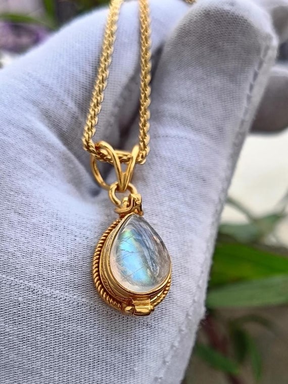 Rainbow Moonstone Poison Pendent. Locket- Gold Plated Handmade Pendent.Mother Day Gift