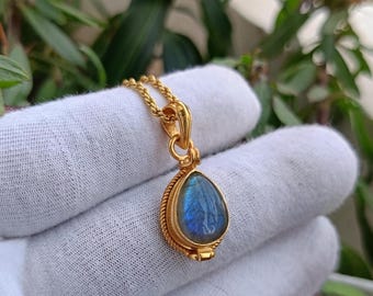 Labradorite Poison Locket Pendant, Gold Plated Necklace, Secret Pill Box