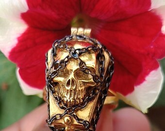 Skull Poison Ring, Vintage Coffin, Gold Black Plated, Handmade