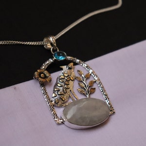 Rainbow Moonstone Wolf Pendant: Sterling Silver Gemstone Necklace