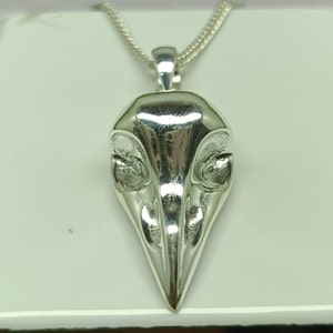 Puede incluir: Un collar con un colgante de plata con un dise&ntilde;o detallado de cr&aacute;neo de p&aacute;jaro. El colgante tiene la forma de la cabeza de un p&aacute;jaro con un pico puntiagudo y detalles intrincados de los ojos.