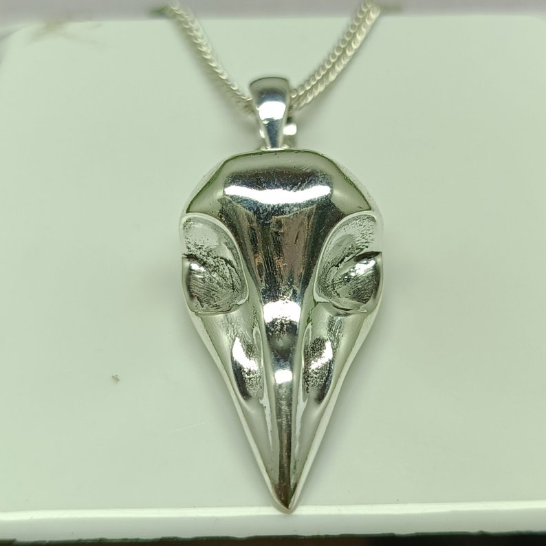 Puede incluir: Un collar con un colgante de plata con un dise&ntilde;o detallado de cr&aacute;neo de p&aacute;jaro. El colgante tiene la forma de la cabeza de un p&aacute;jaro con un pico puntiagudo y detalles intrincados de los ojos.