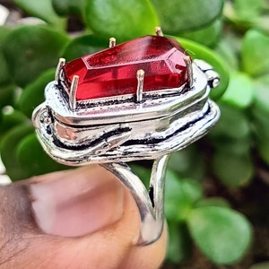 Red Glass Coffin Poison Ring ,Handmade Poison Ring,925Sterling Silver Plated Compartment Ring ,unique secret message ring valentine day give