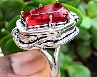Red Glass Coffin Poison Ring, Sterling Silver Plated Compartment, Handmade