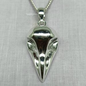Puede incluir: Un collar con un colgante de plata con un dise&ntilde;o detallado de cr&aacute;neo de p&aacute;jaro. El colgante est&aacute; pulido y tiene una superficie reflectante.