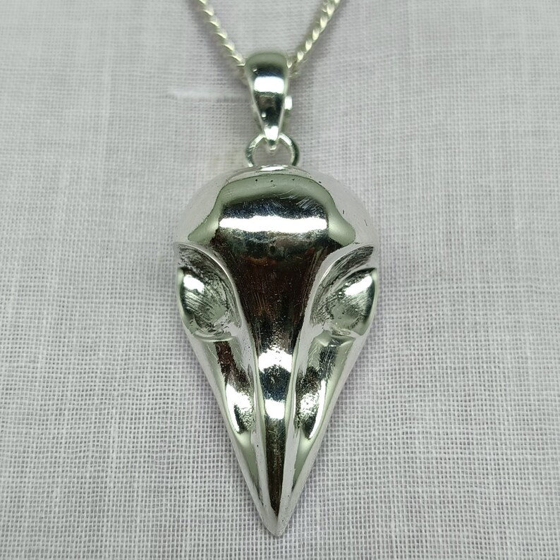 Puede incluir: Un collar con un colgante de plata con un dise&ntilde;o detallado de cr&aacute;neo de p&aacute;jaro. El colgante est&aacute; pulido y tiene una superficie reflectante.