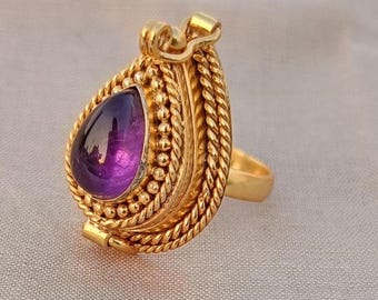 Natural Amethyst Poison Ring- Handmade Gold Plated Gemstone Poisoner Ring, Compartment Pillbox  Poison Ring-Secret Box Ring-Men/Women Gift,
