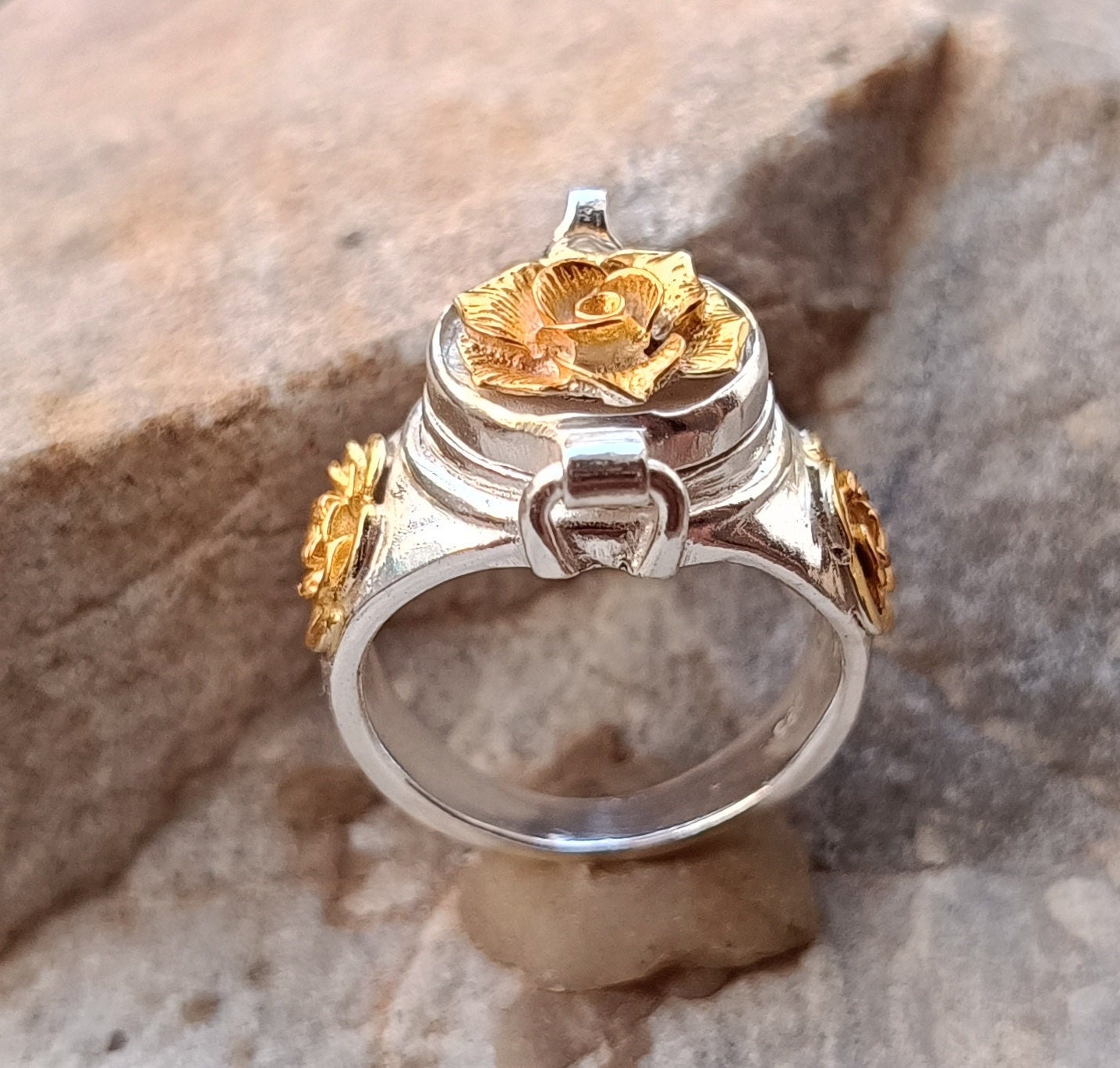 Handmade Brass Two Tone Flower Poison Ring, Locket Ring - Etsy