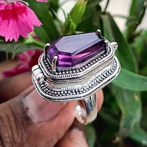 Purple Amethyst Poison Ring ,Handmade Poison Ring, Natural Blue Raw Amethyst Gemstone Pillbox Ring Secret Message Box  ,Mother Day Gift,