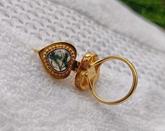 Handmade Moss Agate Heart Poison Ring, Gold Plated Compartment Ring