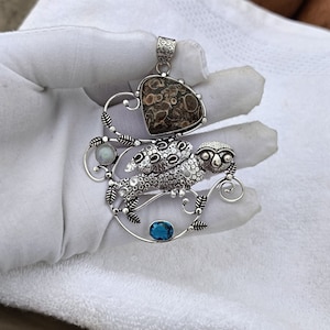 Handmade Owl Pendant: Turritella Agate, Blue Quartz, Moonstone, Sterling Silver Plated