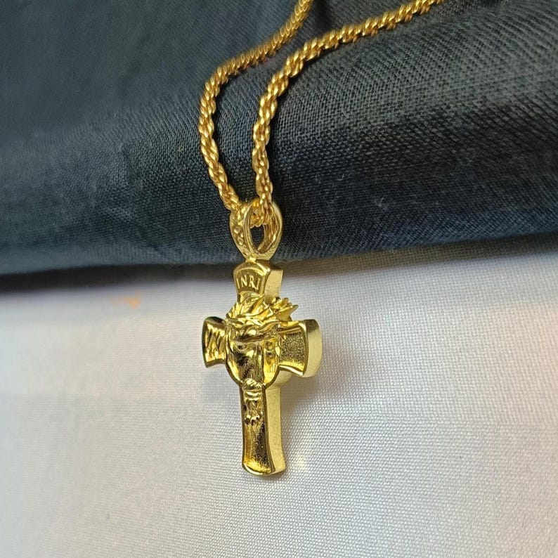 Gold Plated Jesus Crown Crucifix Necklace, Oxidized Brass Cross Pendant ...