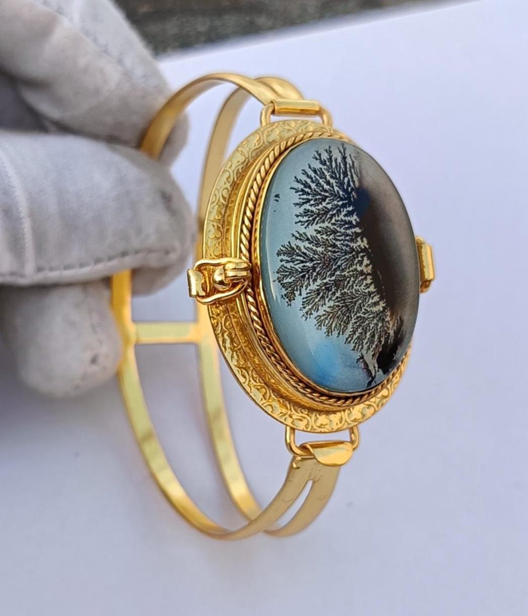 Scenic Dendritic Agate Shazar Doublet Bangles, Handmade Poison Gold ...