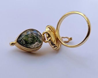 Anillo de veneno de ágata musgosa hecho a mano, anillo con compartimentos chapado en oro