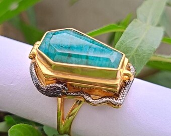 Vintage Coffin Emerald Poison Ring, Two Tone Plated Handmade Gemstone Ring