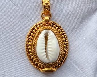 Handmade Gold Plated Cowrie Shell Poison Pendant, Pill Box