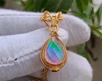 Vintage Aurora Opal Locket Pendant, Gold Plated Pill Box Necklace
