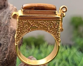 Handmade Gold Tiger Eye Poison Ring, Vintage Boho Locket