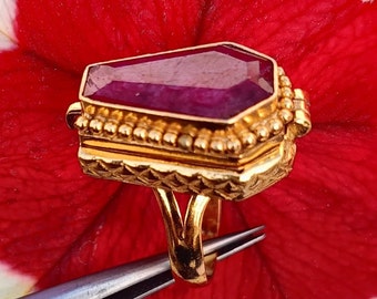 Ruby Gemstone Poison Ring, Gold Plated Brass Secret Compartment
