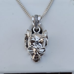 May include: Silver pendant necklace featuring a detailed skull with horns. The skull has a textured surface and intricate eye details.
