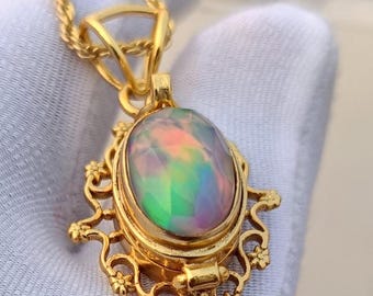Aurora Opal Poison Pendent, Handmade Gold Plated Compartment  Pillbox  Poison Pendent,Secret Message Box Ring, Gift For Her,
