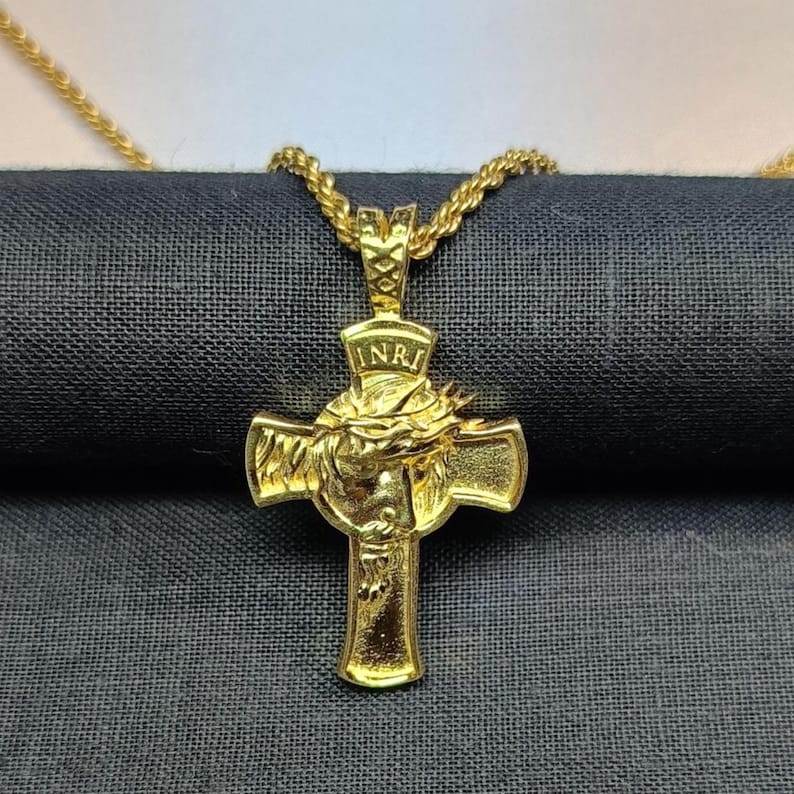 Gold Plated Jesus Crown Crucifix Necklace, Oxidized Brass Cross Pendant ...