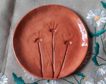 Ceramic red clay plate, flower marigold stamp, handmade earthenware ceramics