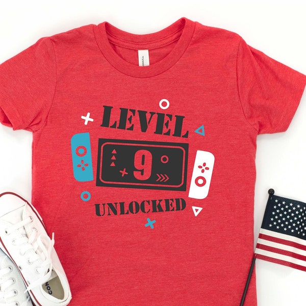 Level 9 Unlocked Shirt, Boy Gamer T-Shirt, Kids Birthday Party, Level Up Birthday Shirt, 9th Birthday T-shirt, Birthday Party Shirt