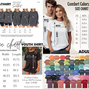 May include: Image shows size charts for adult and youth t-shirts and sweatshirts. The adult chart provides measurements in inches for width and length, and a colour palette. The youth chart also provides size and measurement details.