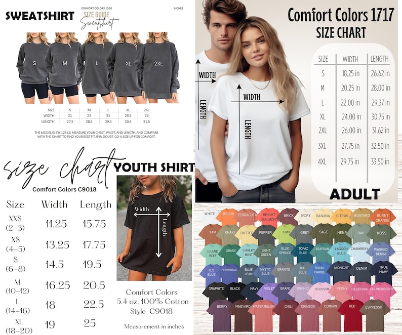 May include: Image shows size charts for adult and youth t-shirts and sweatshirts. The adult chart provides measurements in inches for width and length, and a colour palette. The youth chart also provides size and measurement details.