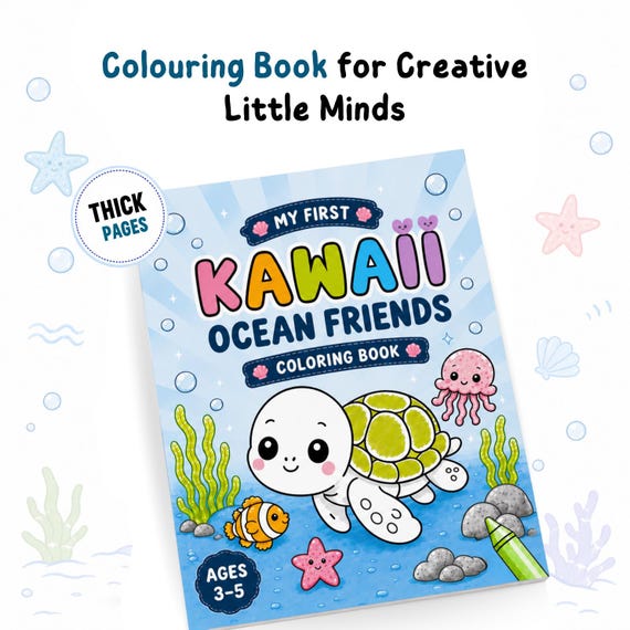 Ocean Coloring Book for Kids Ages 3-5, 22 Easy Kawaii Sea Animal Pictures