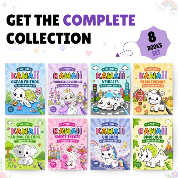 Kawaii Coloring Book Set for Kids Ages 3-5, 8 Book Collection, Unicorn, Animals, Dinosaurs, Vehicles