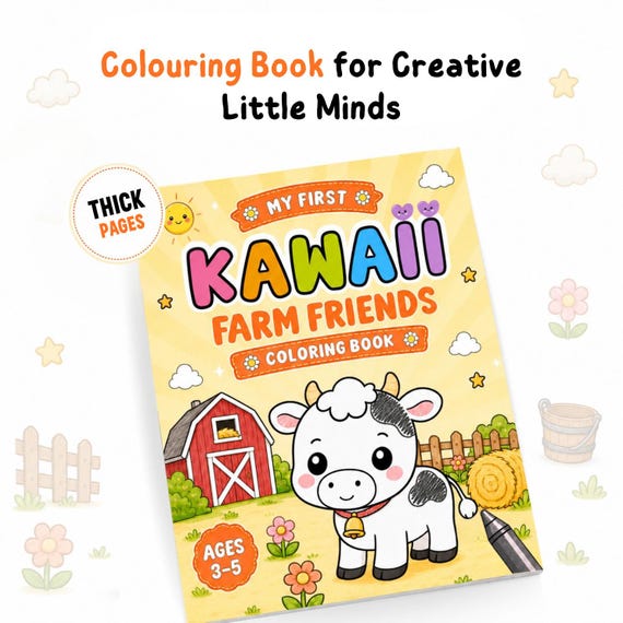 Farm Friends Coloring Book for Kids Ages 3-5, Kawaii Style