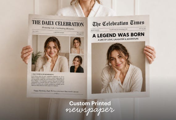 Custom Printed Newspaper with Personalized Photos, Headline and Story, 11x17 or 17x22 Inches