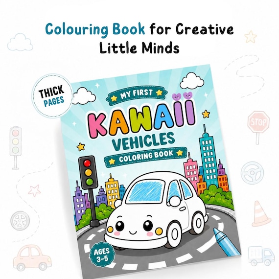 Vehicle Coloring Book for Kids Ages 3-5, Kawaii Style
